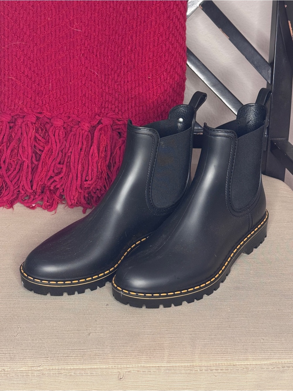 Women’s Black Chelsea Rain Boots with Yellow Stitch Detail